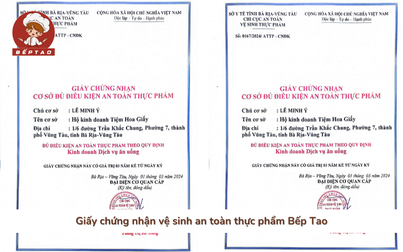 Giấy chứng nhận vệ sinh an toàn thực phẩm Bếp Tao